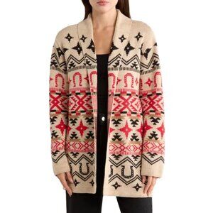 NWT Lucky Brand Tan Red Horseshoe Western Cardigan Sweater Open Front Size XL
